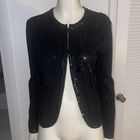 Ladies black jacket with black sequins, with front hooks, sz MED - Picture 5 of 16